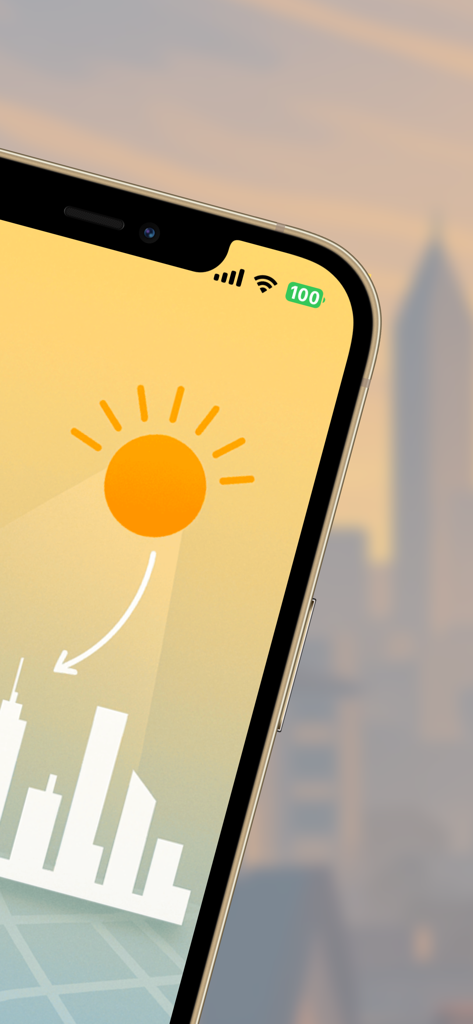 Sun Angle Pro - Aplicación móvil Sun Angle Pro mostrando un gráfico de la posición del sol sobre un horizonte urbano