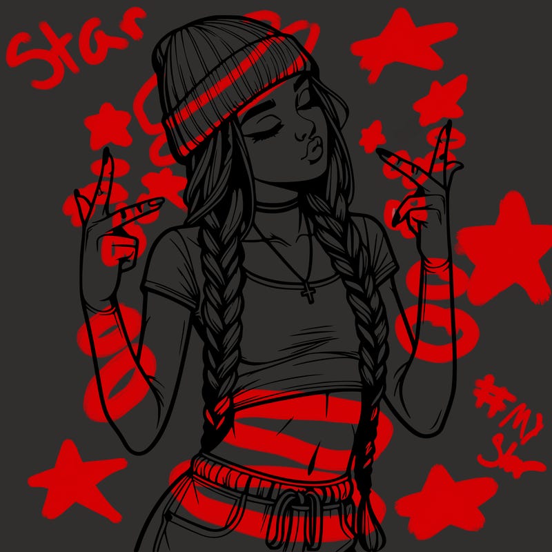 realistic teenage girl with braids and a beanie and crop top doing 🫶🏼