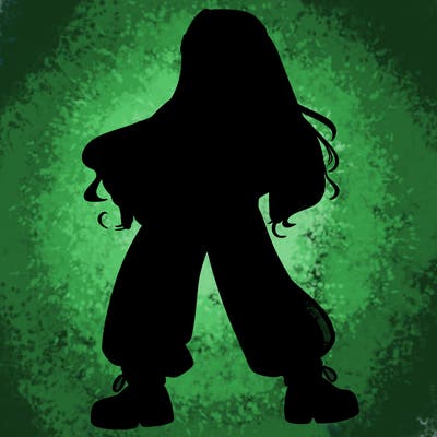 girl in baggy pants crop top and long hair