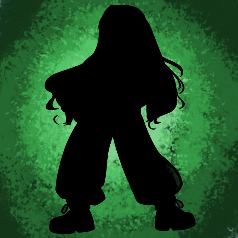 girl in baggy pants crop top and long hair