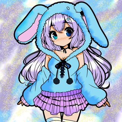 pretty anime girl wearing a fluffy hoodie with bunny ears on the hood and a skirt