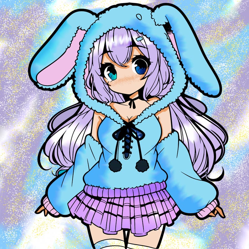 pretty anime girl wearing a fluffy hoodie with bunny ears on the hood and a skirt