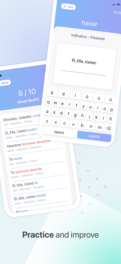 Verbos + - Uma interface móvel para Verbos plus mostrando um quiz de conjugação de verbos em espanhol para o verbo hacer