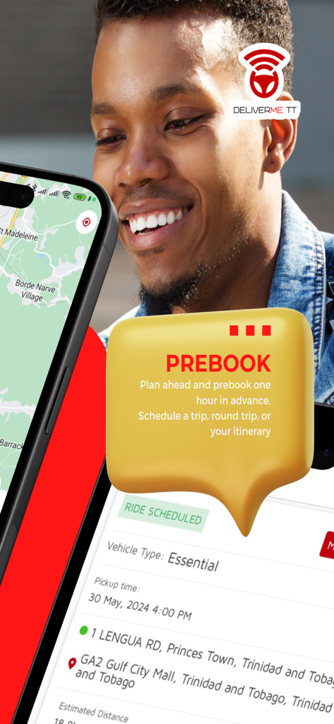 DeliverMe TT taxi app interface showing the prebook feature for scheduled rides in Trinidad and Tobago