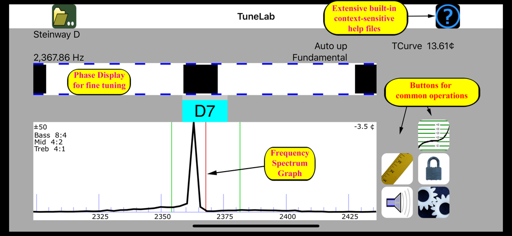 TuneLab Piano Tuner - Professional piano tuning interface featuring strobe phase display and frequency spectrum graph