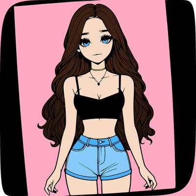 a realistic girl with long hair and in a crop top and shprts