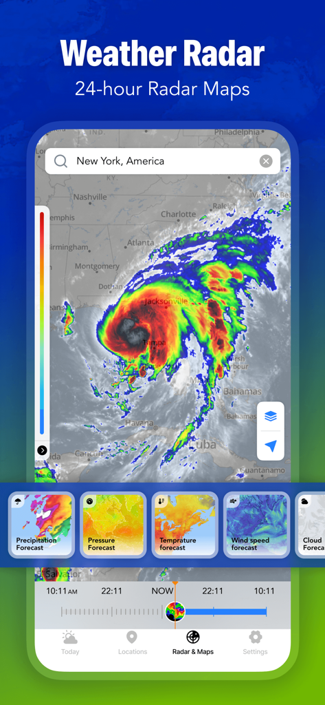 Live Weather Forecast & Radar - La aplicación Live Weather Forecast muestra un mapa de radar detallado con seguimiento de huracanes y capas meteorológicas