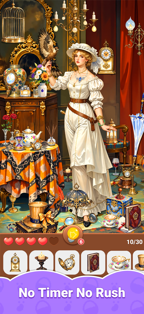 Hidden Quest: Seek & Discover - Escena de objetos ocultos de estudio victoriano en el juego Hidden Quest con una dama y un halcón.