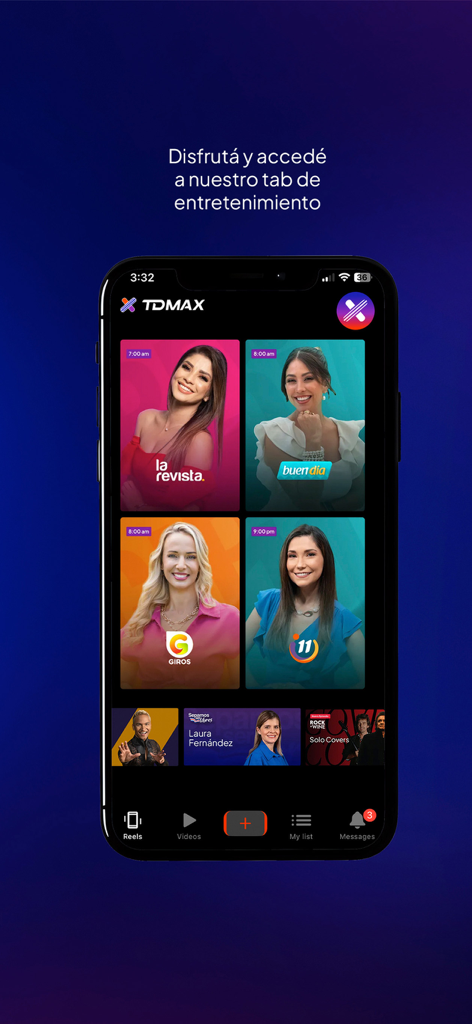 TDMAX - TDMAX app interface displaying the entertainment tab with popular Costa Rican TV programs including La Revista, Buen Dia, and Giros.