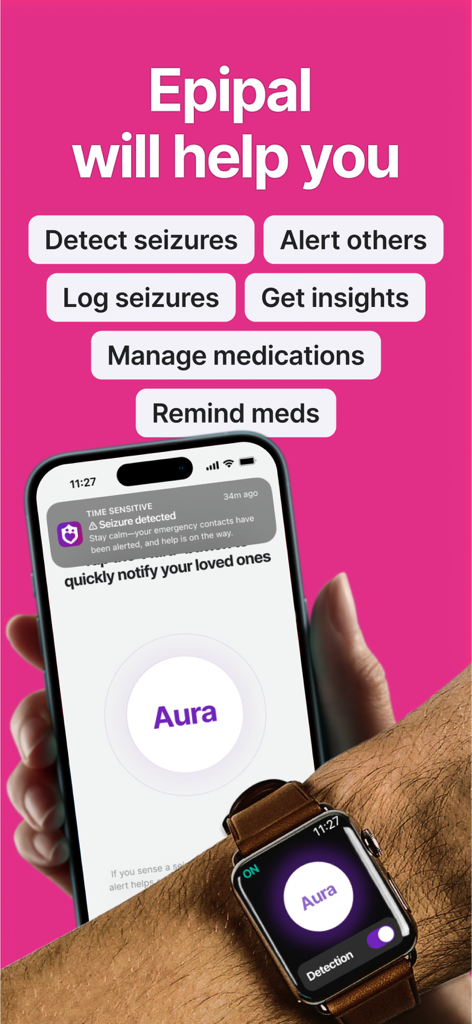 Funciones de la aplicación Epipal que muestran alertas de detección de convulsiones y registros de medicación en iPhone y Apple Watch