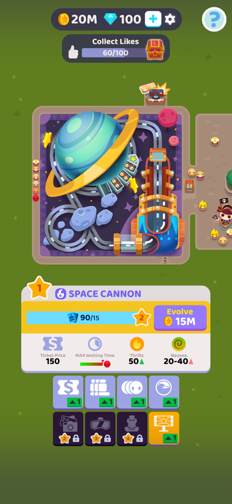 Overcrowded Tycoonの吐き気とスリルに関する統計を示すスペースキャノンライドのアップグレードメニュー。