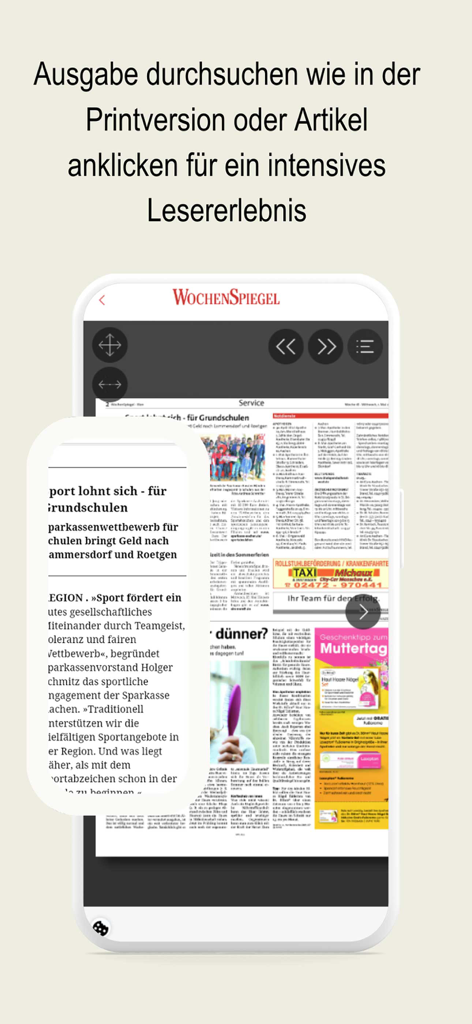 WochenSpiegel ePaper App zeigt ein digitales Zeitungslayout mit einer vergrößerten Artikelansicht