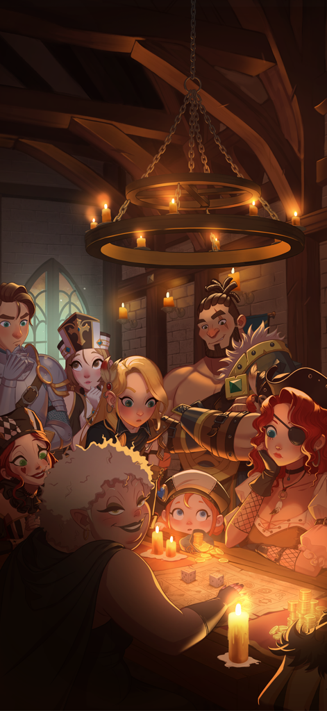 A group of diverse fantasy heroes gathering around a candlelit strategy table in a tavern.