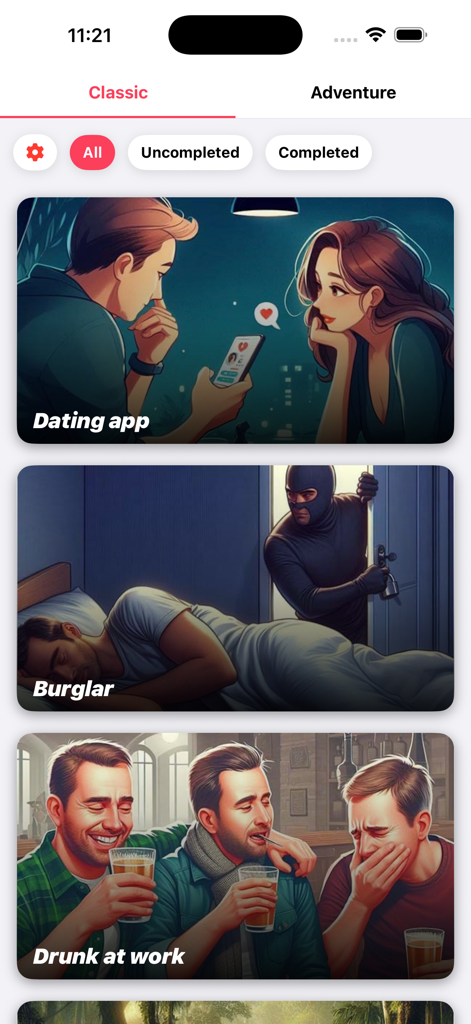 Menú de Choices Interactive Stories que muestra varias categorías de historias como "Dating App Burglar" y "Drunk at work".