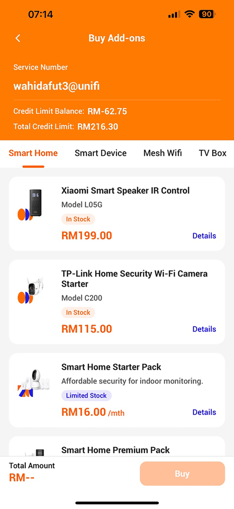 Unifi UniVerse - The Buy Add-ons section of the Unifi UniVerse app showcasing smart home devices like speakers and security cameras.