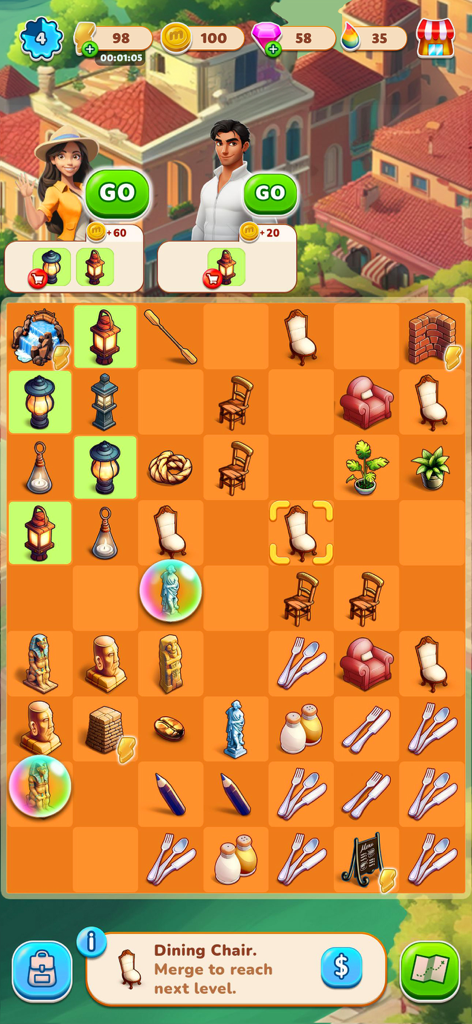 Summer Love: Merge & Story - Summer Love merge puzzle board with furniture and decor items