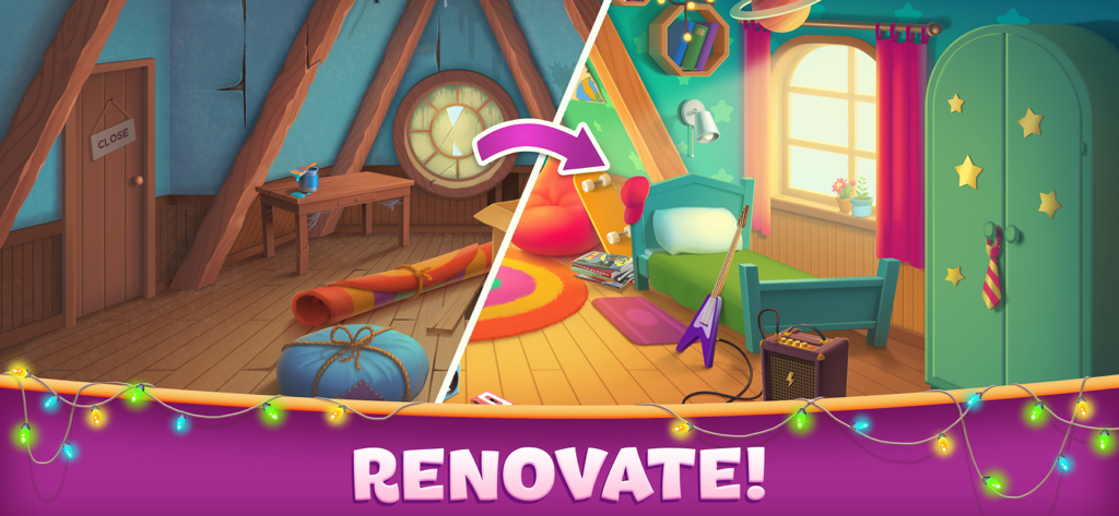 A side by side comparison showing a messy attic being renovated into a colorful child bedroom