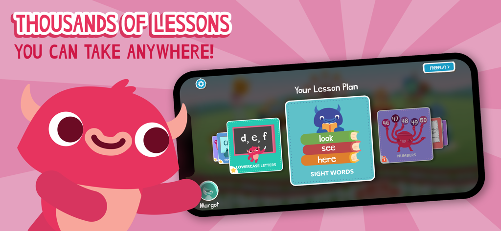 Endless Learning Academy - Endless Learning Academy app interface on a smartphone showing lesson plans for letters, sight words, and numbers with a red monster character