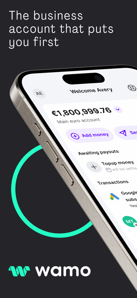 Smartphone displaying the Wamo business account app with a euro balance and transaction list