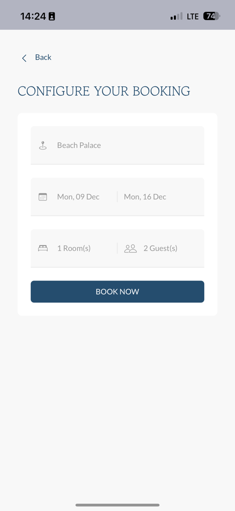 Palace Elite - Configura la pantalla de reserva en la aplicación Palace Elite mostrando la selección del resort, fechas y número de invitados