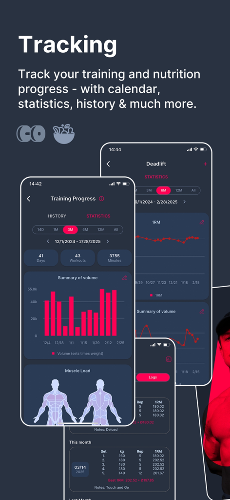 GYMKY - Fitness & AI Nutrition - Gymky app training progress statistics showing volume charts and muscle load maps