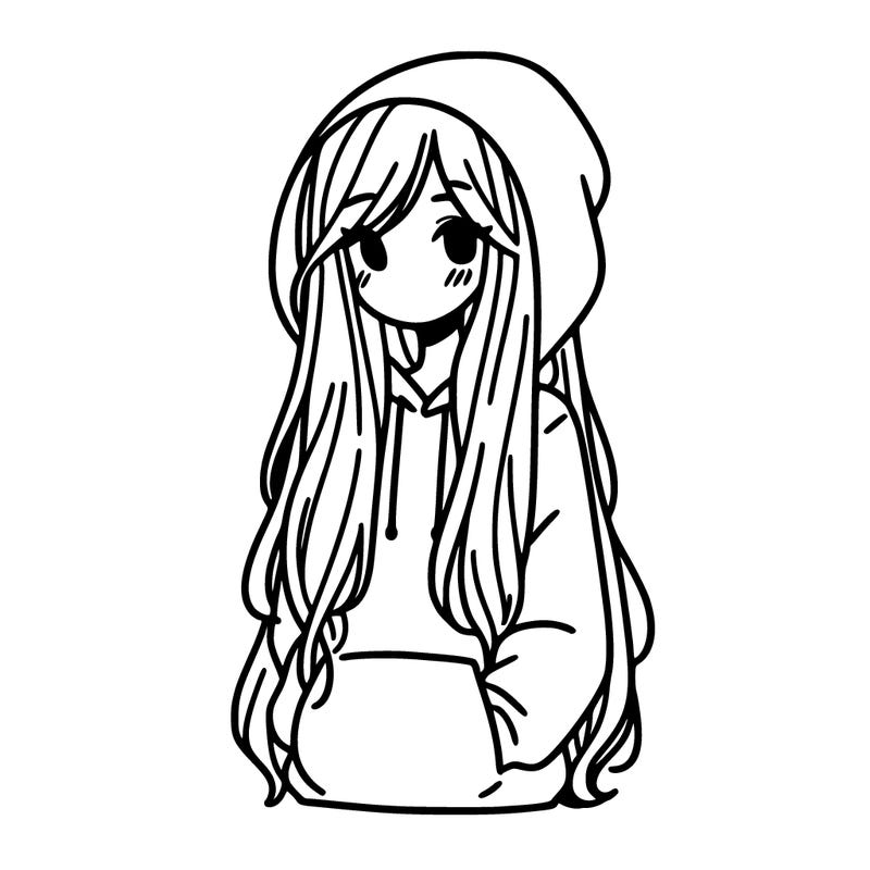 girl with long hair, wearing a hoodie