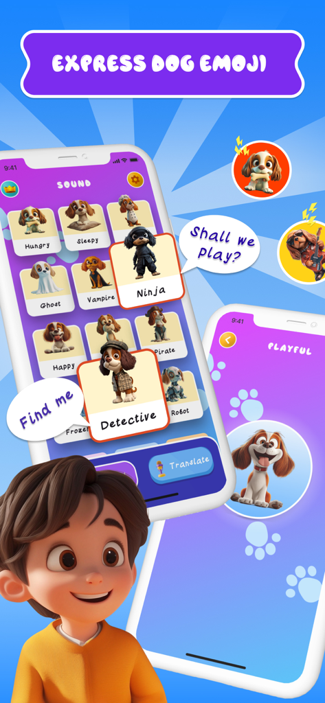 DogTalk: Dog Translator & Game - A child character interacting with the DogTalk app showing dog sound categories and fun emoji reactions like ninja and detective dogs.