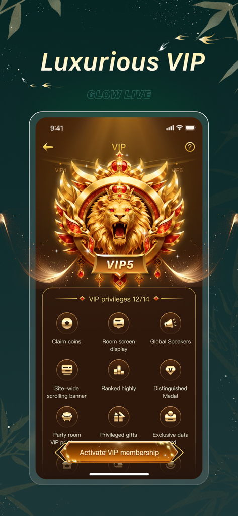 Glow Live-Voice Chat - Screen showing Luxurious VIP status with a golden lion emblem and a list of membership privileges in the Glow Live app.