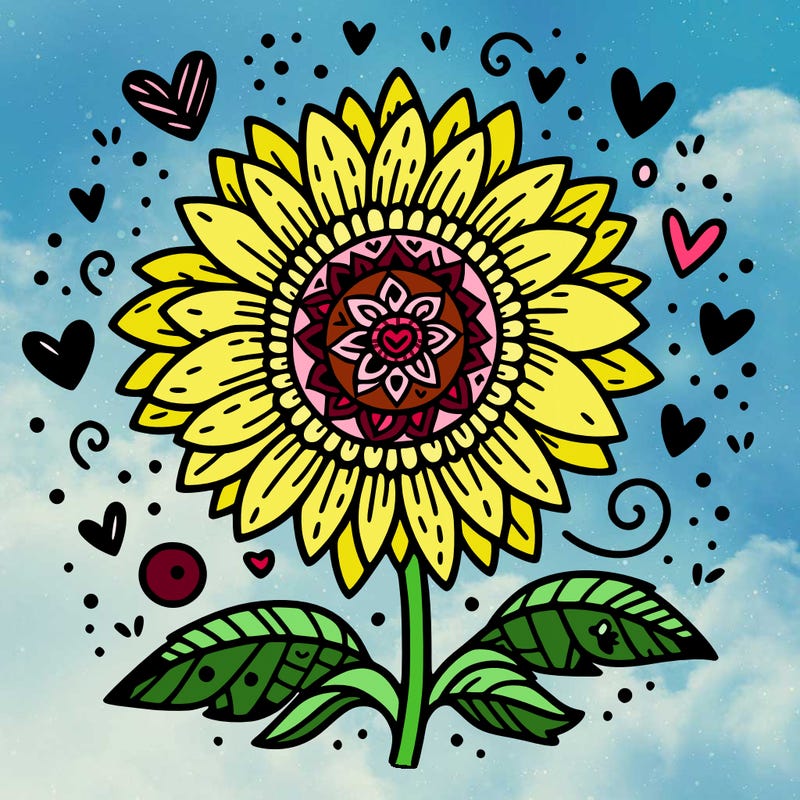 a beautiful detailed sunflower with patterns on, and hearts around it