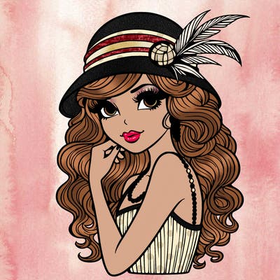 beautiful 1920s woman, 20 years old, long curly hair and hat, flapper outfit