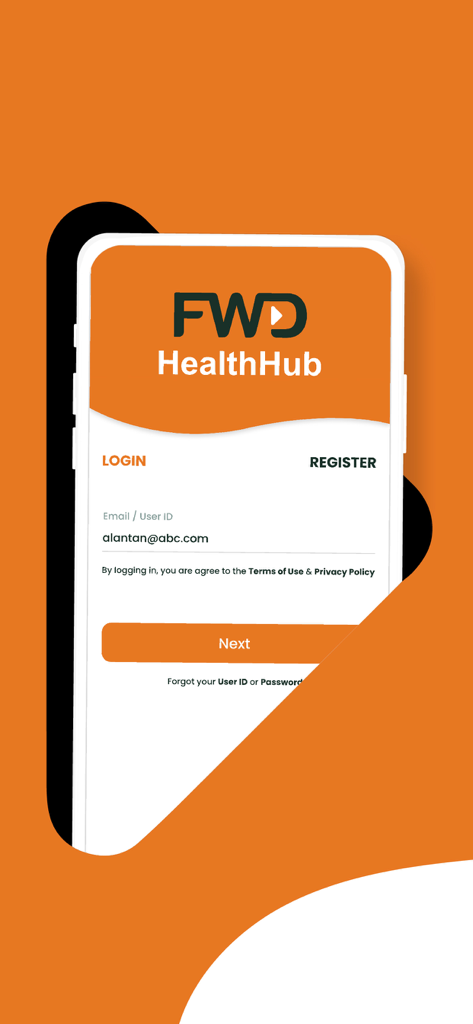 FWD HealthHub mobile app login screen featuring an orange and white interface