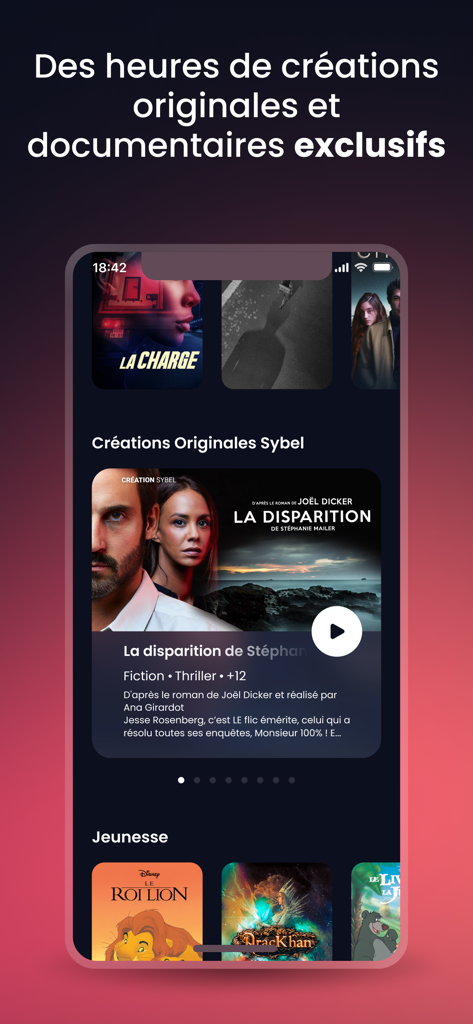 Sybel - Audio series, Podcasts - Sybel app home screen showcasing original audio series and a kids category with Disney stories