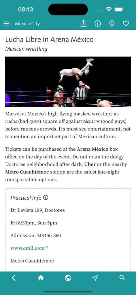 Mexico City’s Best: Trip Guide - A travel guide screen for Lucha Libre in Arena Mexico showing a high-flying wrestler and practical visitor information.