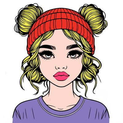 realistic girl with buns in her hair with a beanie on
