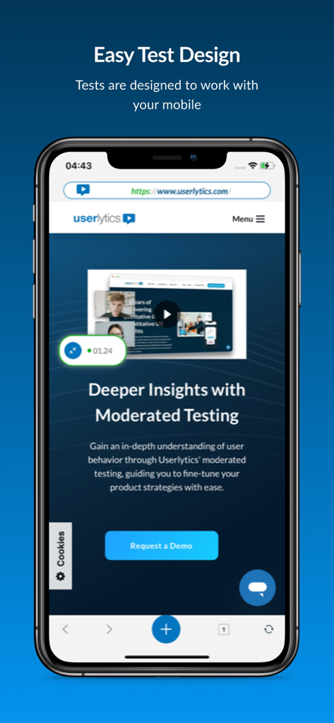 iPhone screen displaying the Userlytics app interface for moderated user testing with a recording indicator.