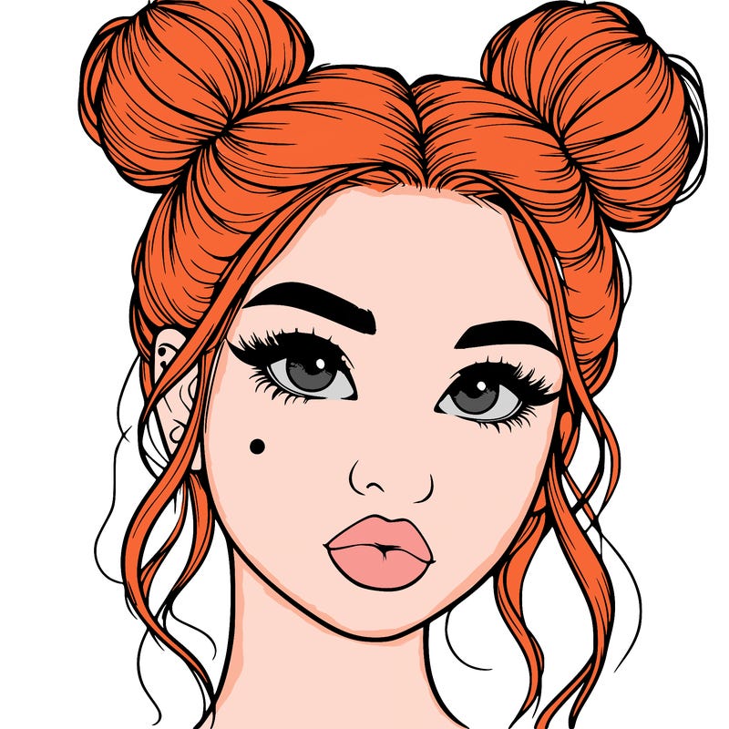 realistic girl with two buns on her hair and lips