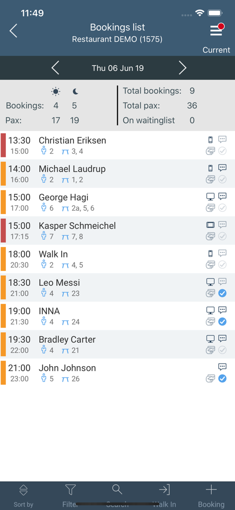 DinnerBooking Business - DinnerBooking Business app bookings list screen showing guest reservations and guest count