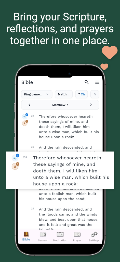 Bible Note - Sermon & Prayer - Teléfono inteligente mostrando la interfaz de la aplicación Biblia Nota con un versículo de Mateo e iconos de notas.