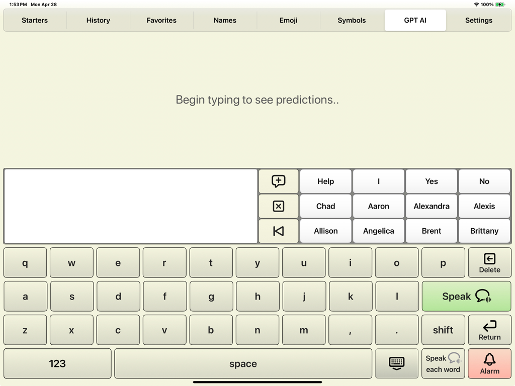 AI Communicator - Interface of AI Communicator AAC app on iPad showing a predictive keyboard with quick access to common names and emergency alarm button