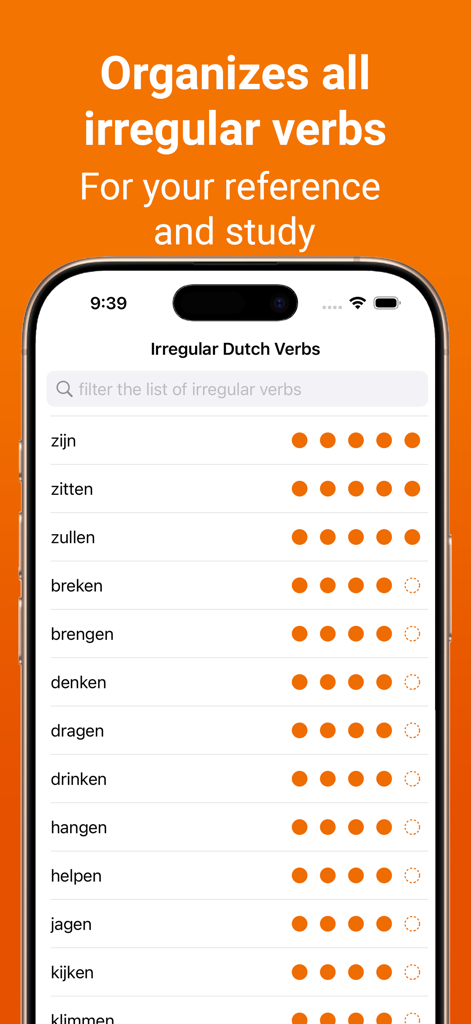 Dutch Verb Conjugations - オランダ語の不規則動詞のリストが表示されているモバイル画面。学習と参照用です。