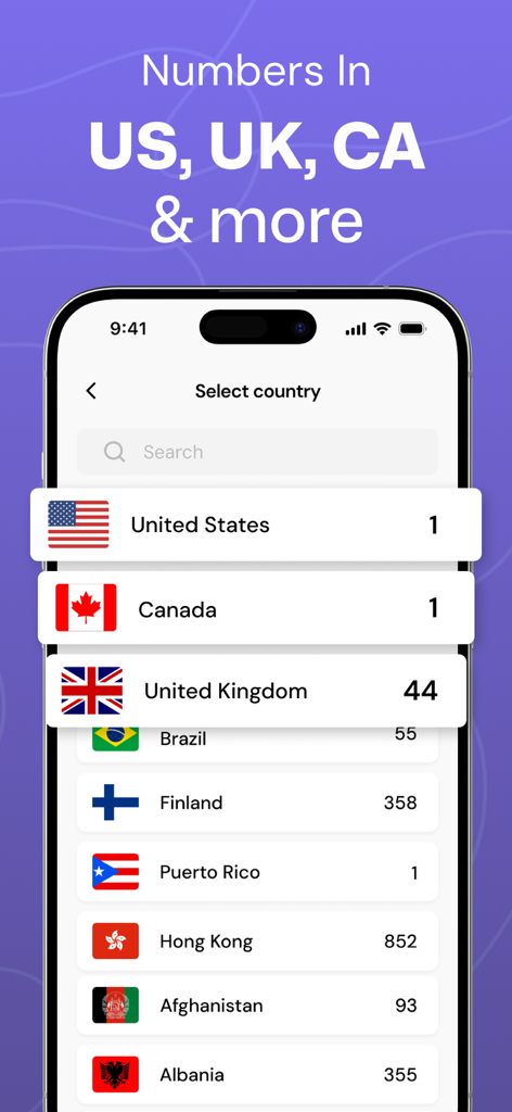 Second Phone Number © 2nd Call - Mobile app screen showing a list of available countries for selecting a virtual second phone number including the US, UK, and Canada
