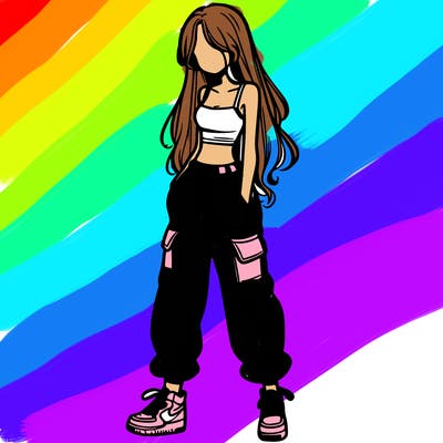 girl in baggy pants crop top and long hair