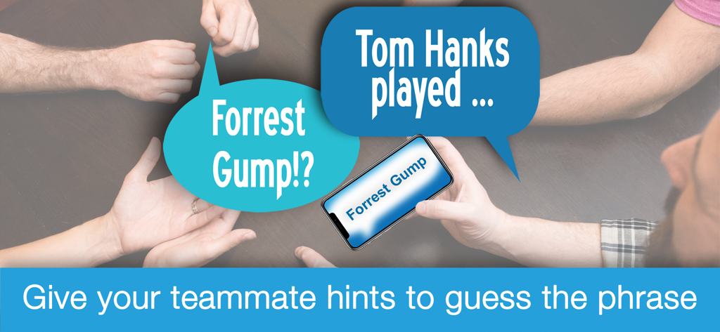 Phrase Party! — Guess Phrases - A group of friends playing the Phrase Party app together at a table