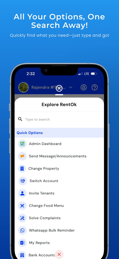 RentOk PG Hostel Flat Manager - Interface do aplicativo RentOk mostrando uma barra de pesquisa e uma lista de opções rápidas para gerenciamento de propriedades, como painel administrativo e comunicação com inquilinos.