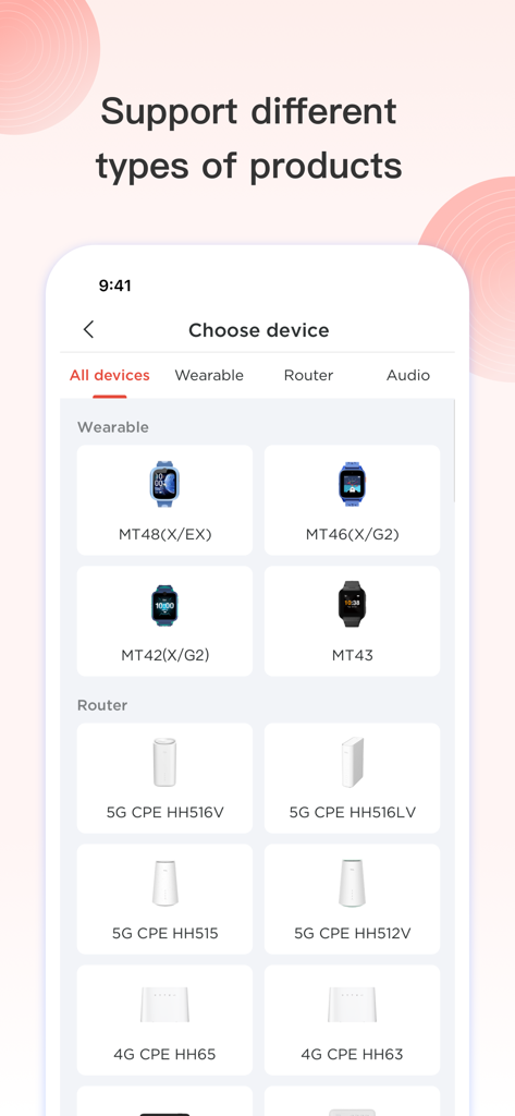 TCL Connect - Interface de l'application TCL Connect montrant une liste de montres connectées et de routeurs 5G TCL compatibles pour la configuration