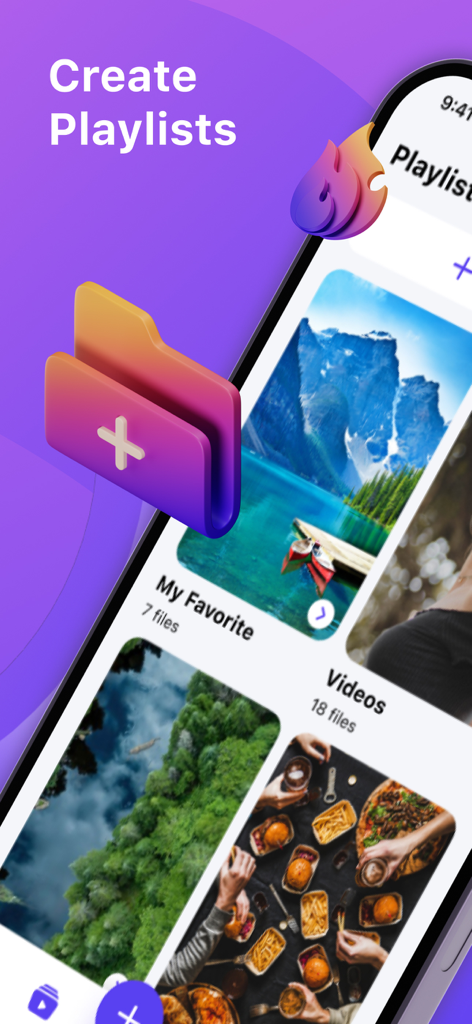 SSSTik: Save Video & Repost - SSSTikのモバイルアプリインターフェース。カスタムフォルダで動画プレイリストを作成および整理する機能が表示されています。