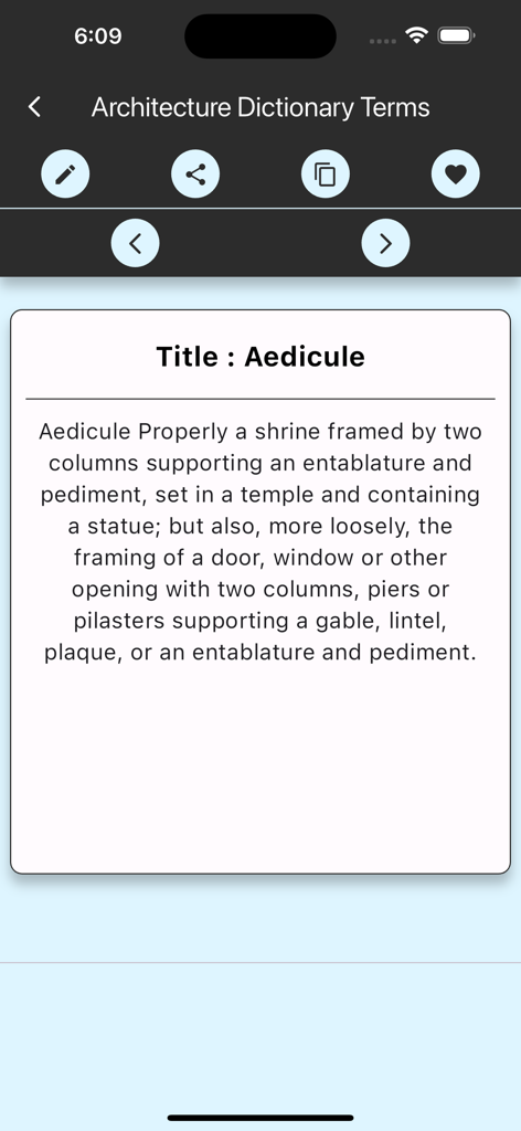 Screenshot der Architektur-Lexikon-Begriffe App, der die Definition für den Begriff Ädikula zeigt.