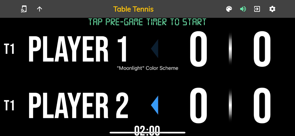 Interface de placar digital de tênis de mesa com um esquema de cores moonlight limpo e pontuações dos jogadores.