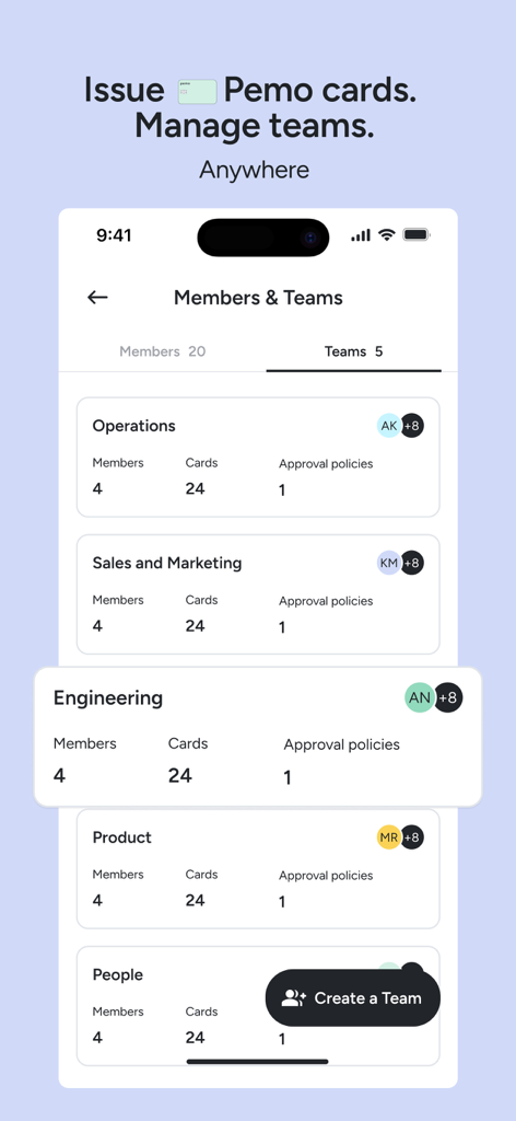 Pemo app interface for managing business teams and issuing corporate cards