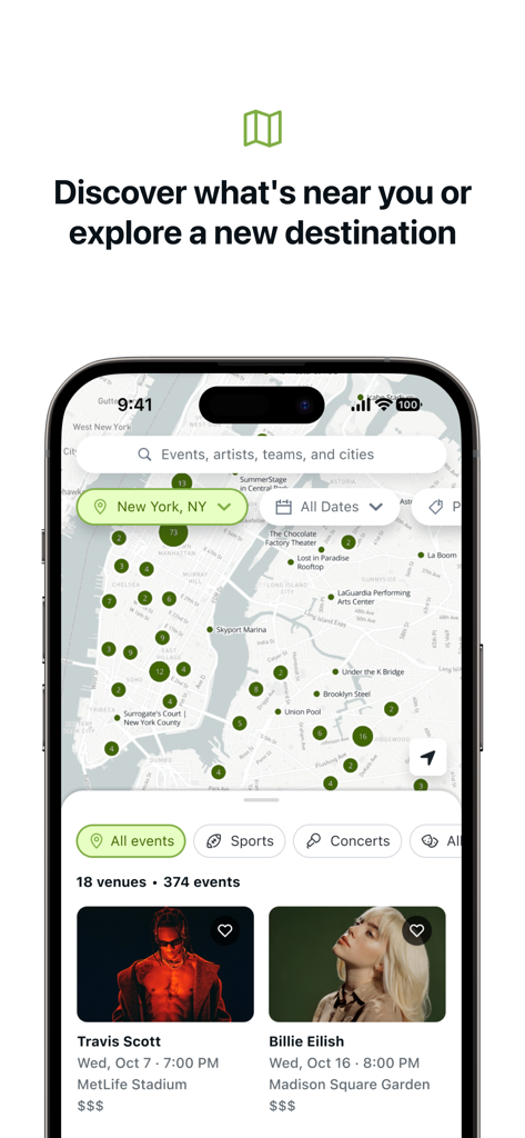 viagogo Tickets - App viagogo che mostra una mappa interattiva per scoprire concerti locali ed eventi sportivi